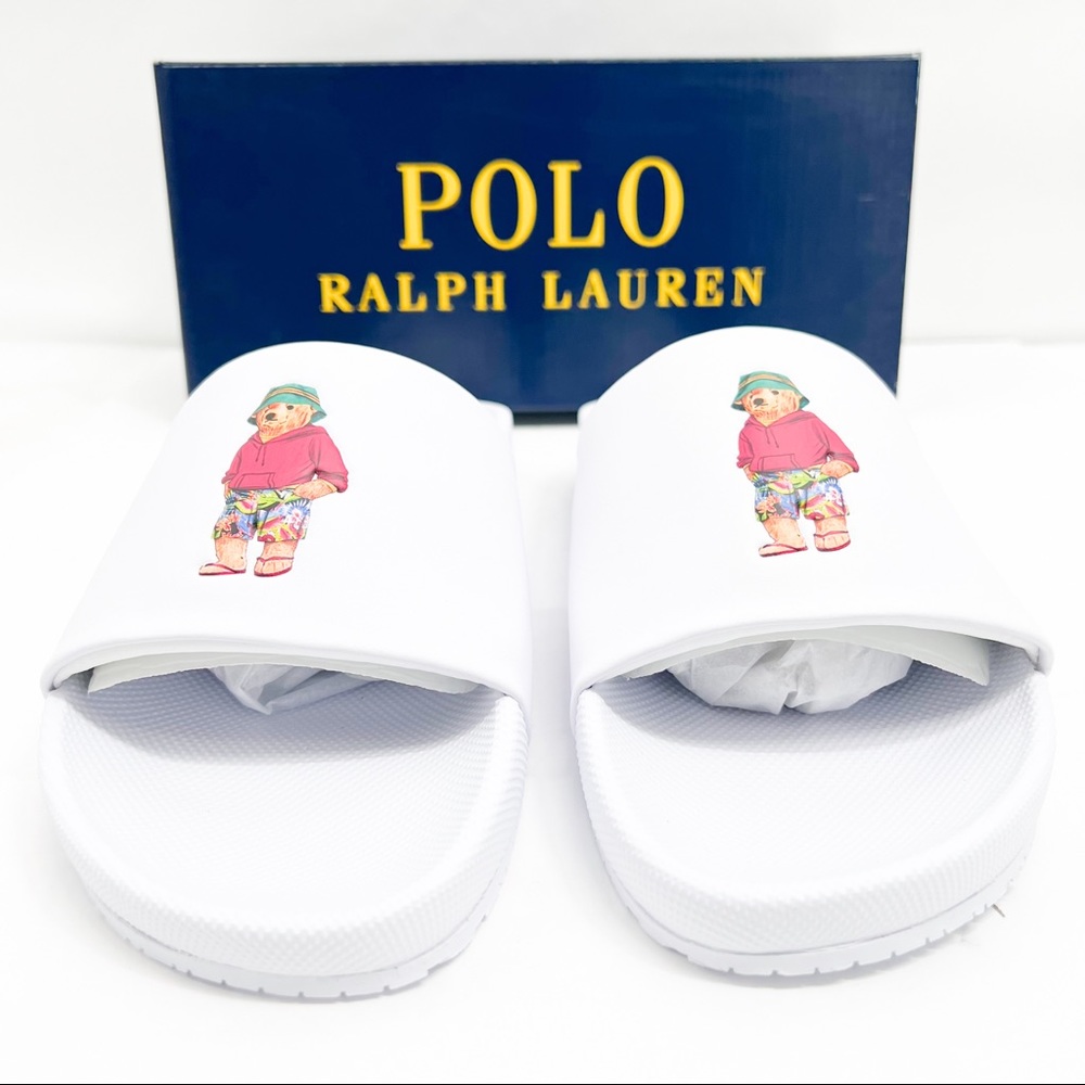 POLO Ralph Lauren CAYSON BEACH BEAR POOL SLIDES WHITE - Picture 1 of 16